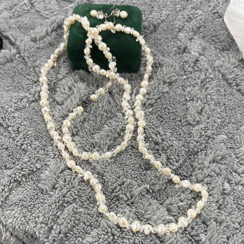 Vintage White Pearl Long Beaded Necklace: 34” and earrings